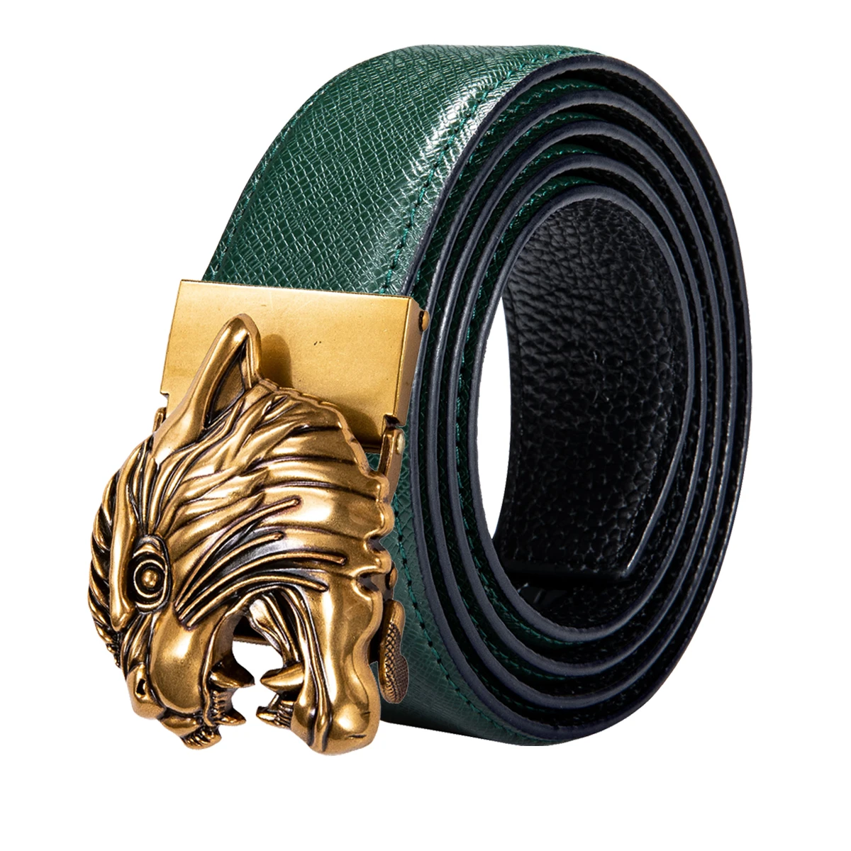 

Famous Brand Cow Leather Men's Belt Animal Lion Buckle Gold Automatic Ratchet Buckle Fashion Luxury Dress belts for men Waist