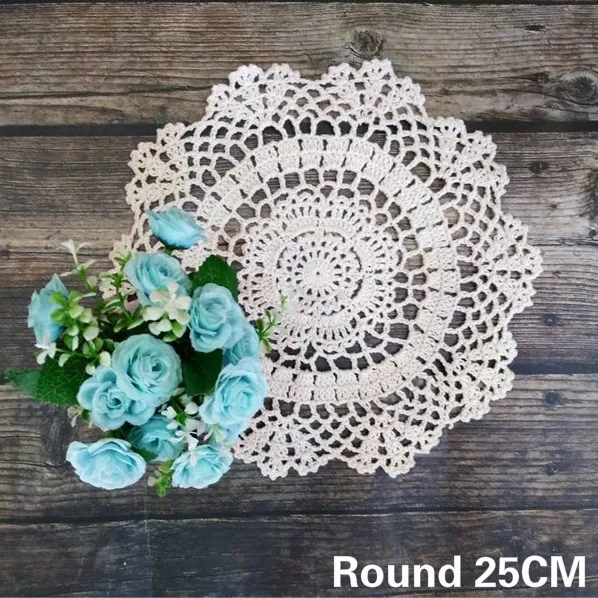 

25CM Round Luxury Cotton Coffee Table Coaster Crochet Floral Pattern Dish Pad Bow Mat Wedding Doily Christmas Tablecloth Decor