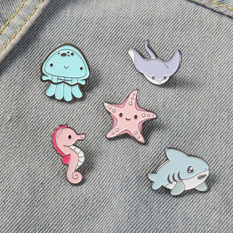

Marine Life Cartoon Enaml Pin Sea Hippocampus Starfish Shark Brooches Cute Bag Clothes Lapel Pins Badge Jewelry Backpack Badge