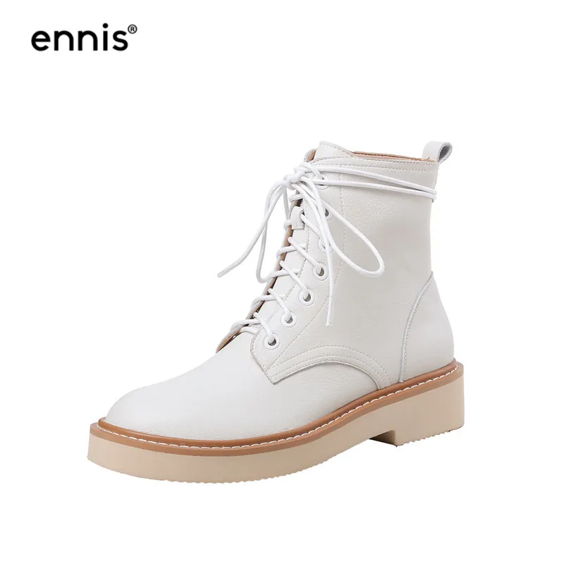 Beige ENNIS/брендовые Модные Ботинки martin на шнуровке женские ботинки из натуральной кожи ботильоны на платформе осенне-зимняя обувь с круглым носком A9277 - Цвет: Beige