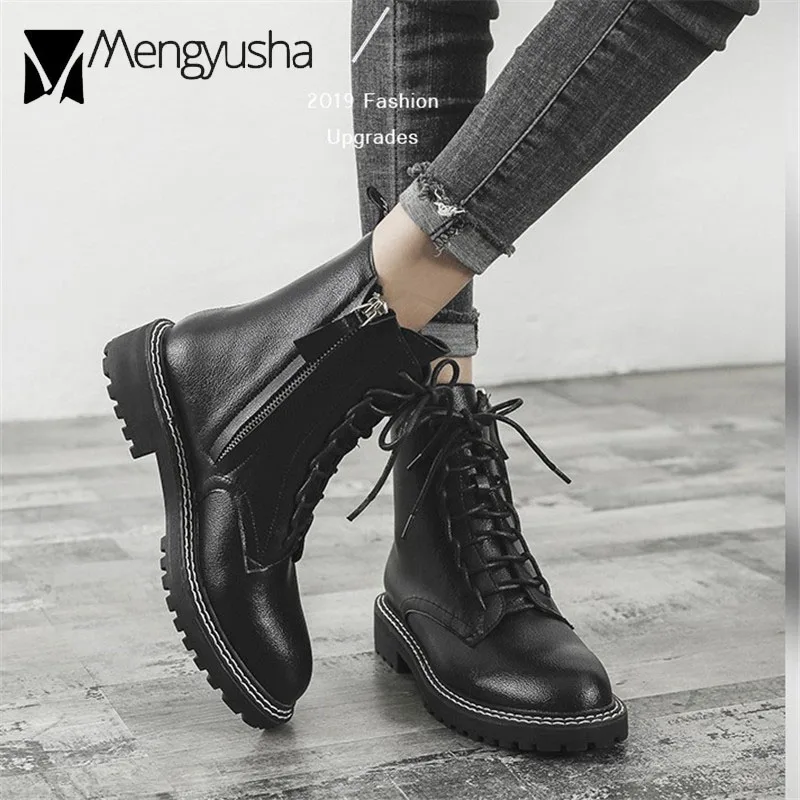 Женские Прошитые короткие ботинки кожаные мотоциклетные с высоким берцем зимние