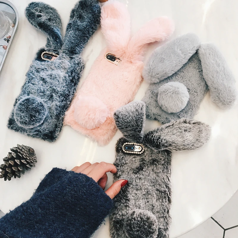 

Cute 3D Rabbit Ears Fur Plush diamond Phone Case For iPhone XS Max XR X 6 6S Plus 4 4S 5 5S SE 5C 7 8 Plus Warm Furry Case Cover
