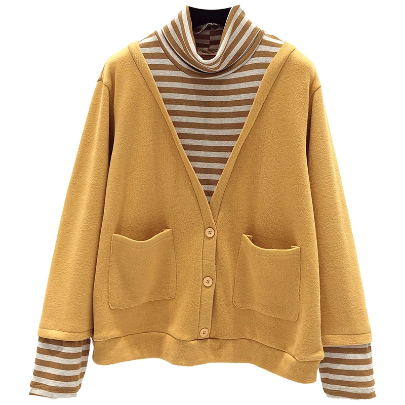

2021 Autumn and Winter new Fake Two-piece Sweatshirt Women Korean Version loose all-match Fashionable Jacket Striped Top Women