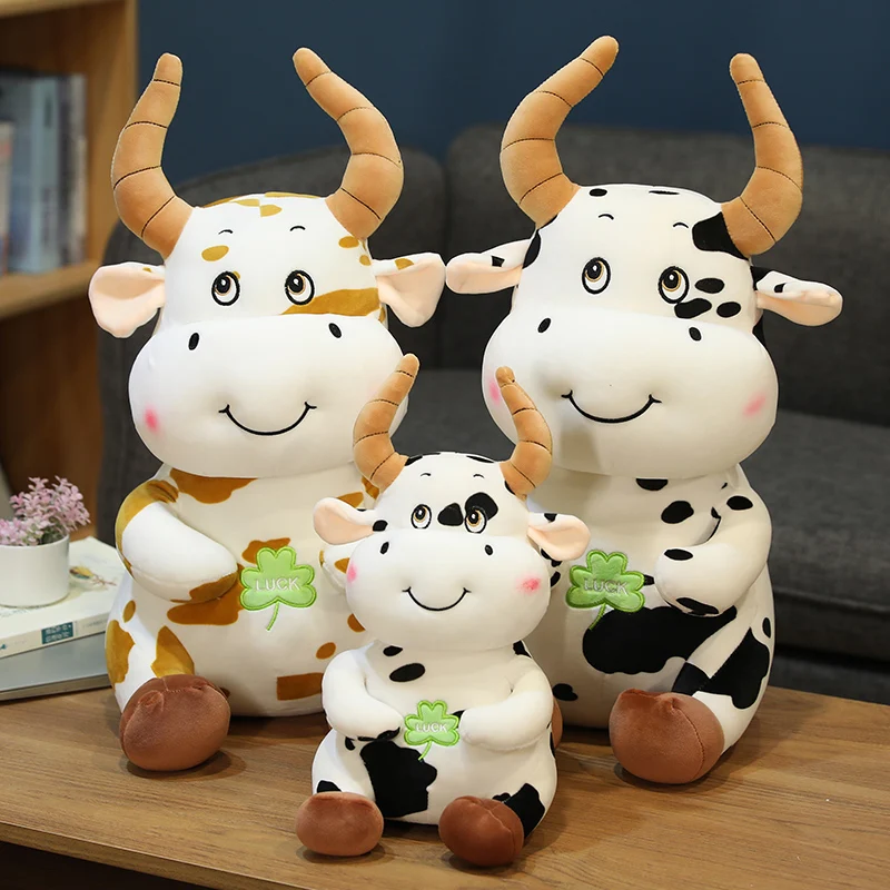 

New Year of The Bull 2021 Symbol Gift OX Year Doll Rattle Decor Lucky Four Leaf Clover Cute Cow Plush Soft Plushies Toy