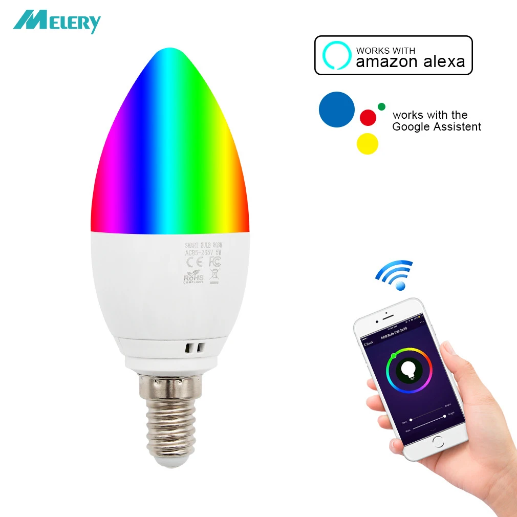 E14 WiFi LED свеча лампа 5 Вт равный 40 RGB 6000 К изменение цвета беспроводной ночной
