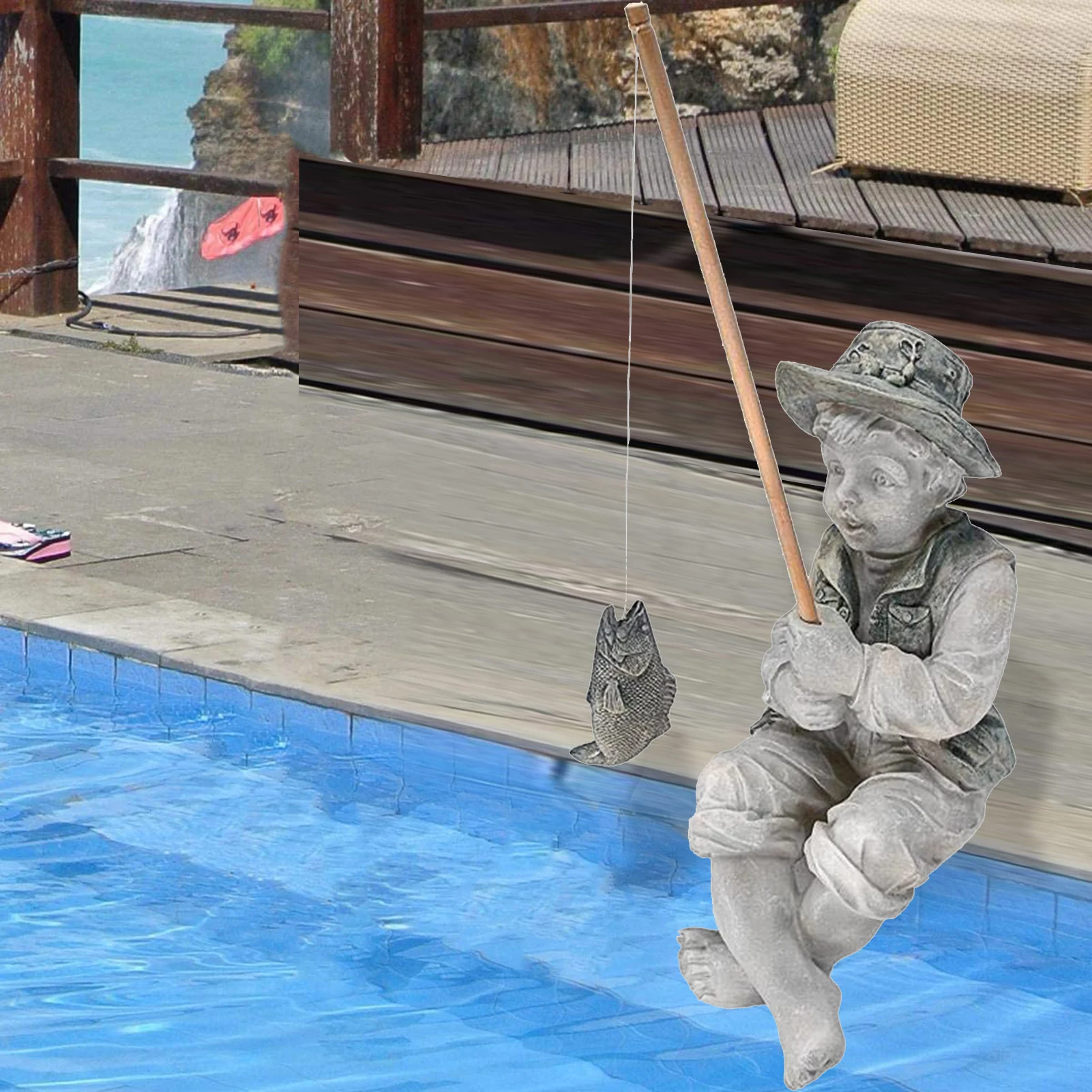 

Resin Figure Statue Fishing Boy with Sitting Posture Garden Ornament Basking in God's Glory Little Girl for Outdoor Pool PAK5