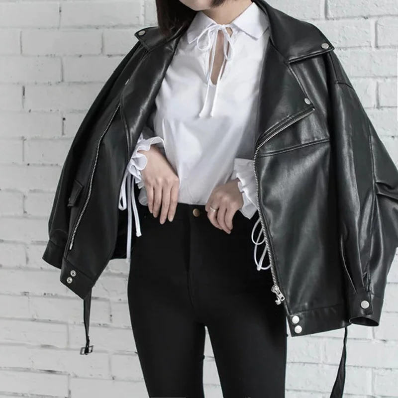 Enlarge Pu Leather Biker Jacket Lady Basic Coat Street Casual Outerwear Loose Women Soft Faux Leather Jacket with Belt Black