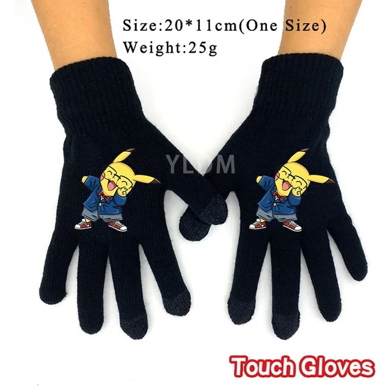 Вязаные перчатки с аниме покемоном Пикачу черные шерстяные мужские и женские