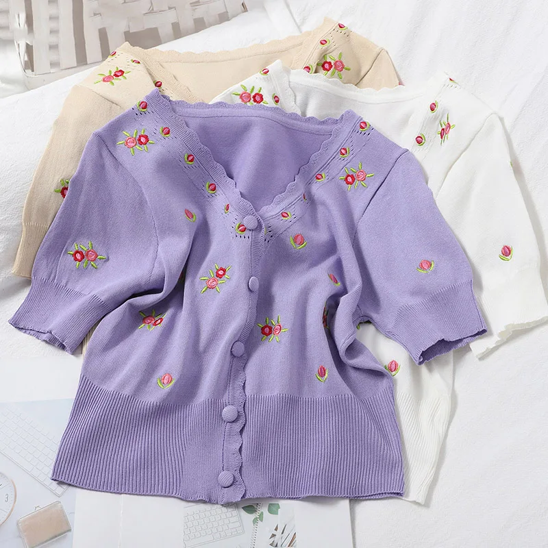 

Sweet Knitted Short Sleeve Cardigan Floral Embroidery Single Breatsed V-neck 2020 Summer Short Korean Knitwear Office Lady