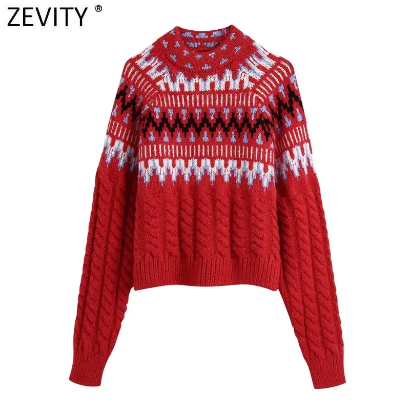 

Zevity женский винтажный восьмижильный жаккардовый вязаный свитер с воротником-стойкой женские шикарные пуловеры с длинным рукавом Осенние Т...