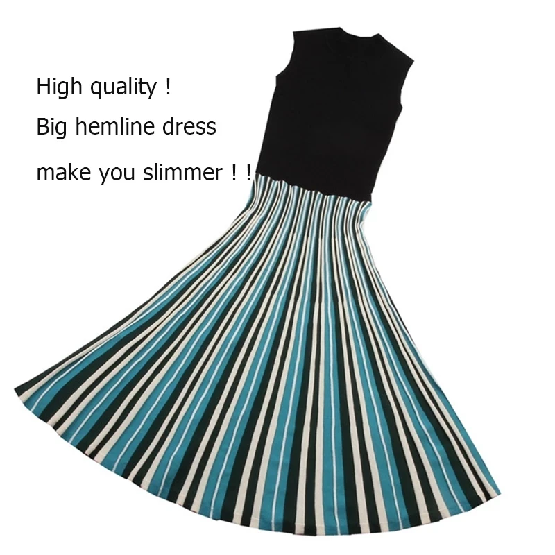 Женское трикотажное платье миди в полоску без рукавов японском стиле элегантное