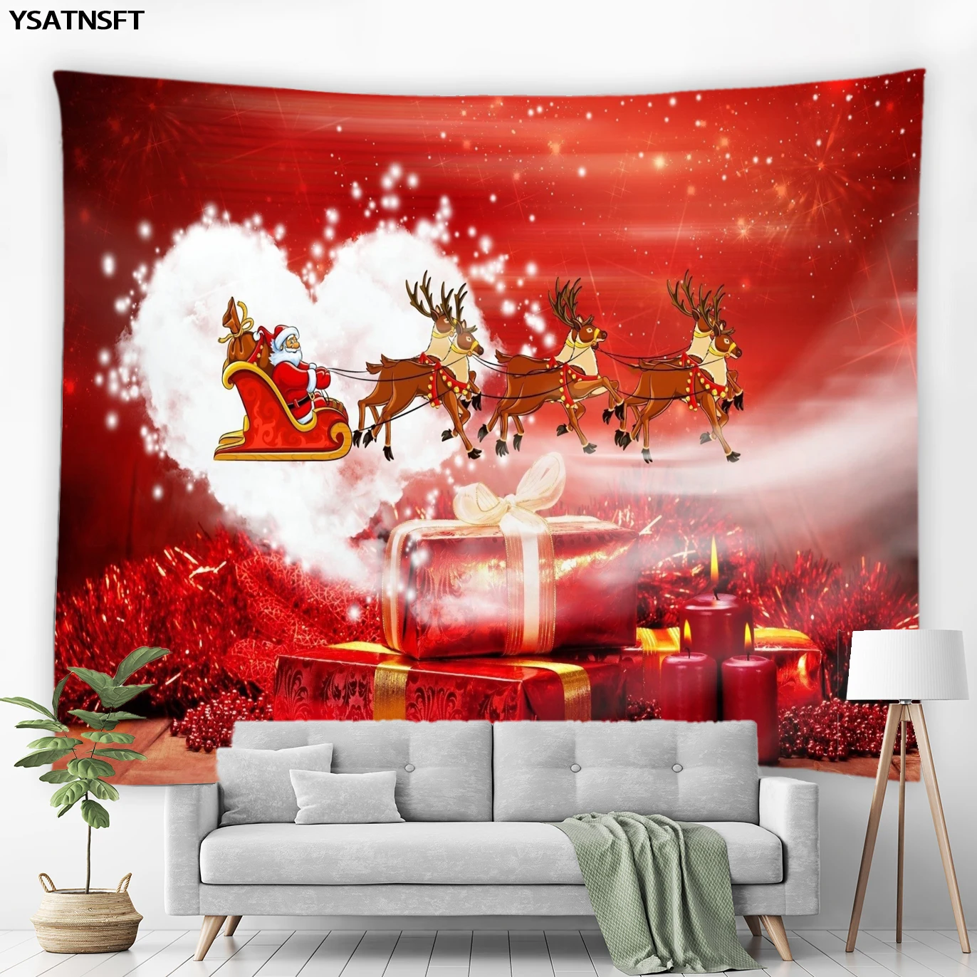 

Merry Christmas Santa Claus Elk Heart Shape Red Tapestry Wall Hanging Fireplace Cartoon Snowman Xmas Background Room Decoration