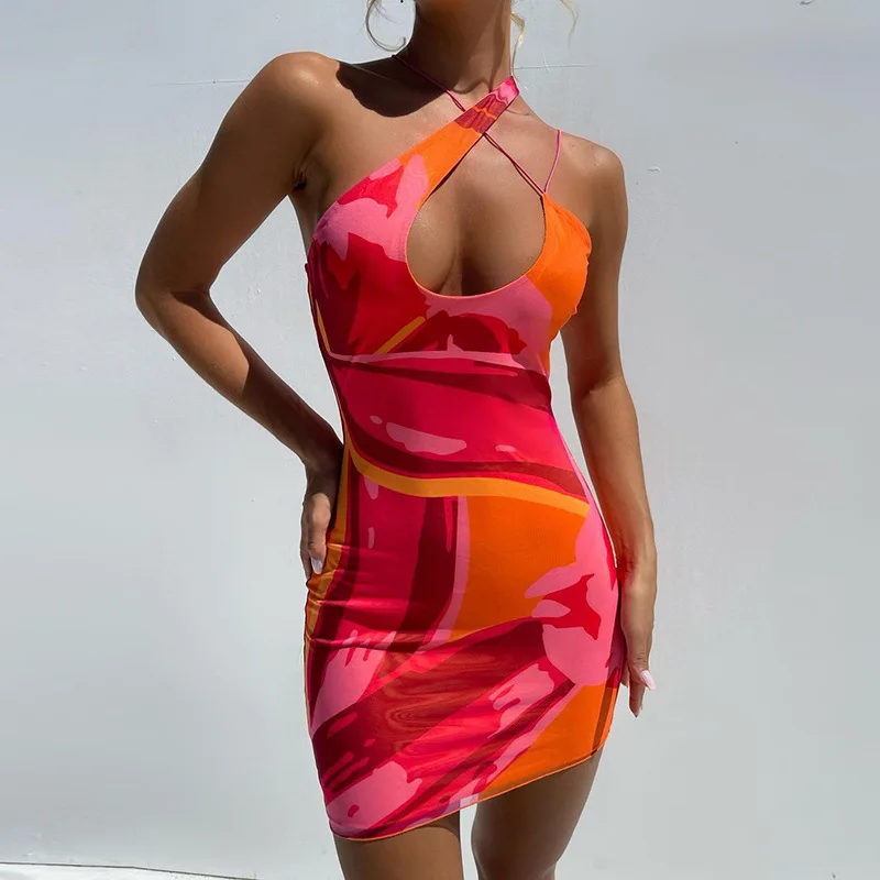 

Print Sexy Mini Dress Spaghetti Straps One Shoulder Bodycon Dresses Party Backless Asymmetrical Club Sexy Dress Women Summer