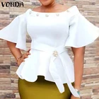 2021 женские топы VONDA, расклешенная Блузка с поясом и оборками, богемные блузы, женские летние офисные рубашки с коротким рукавом