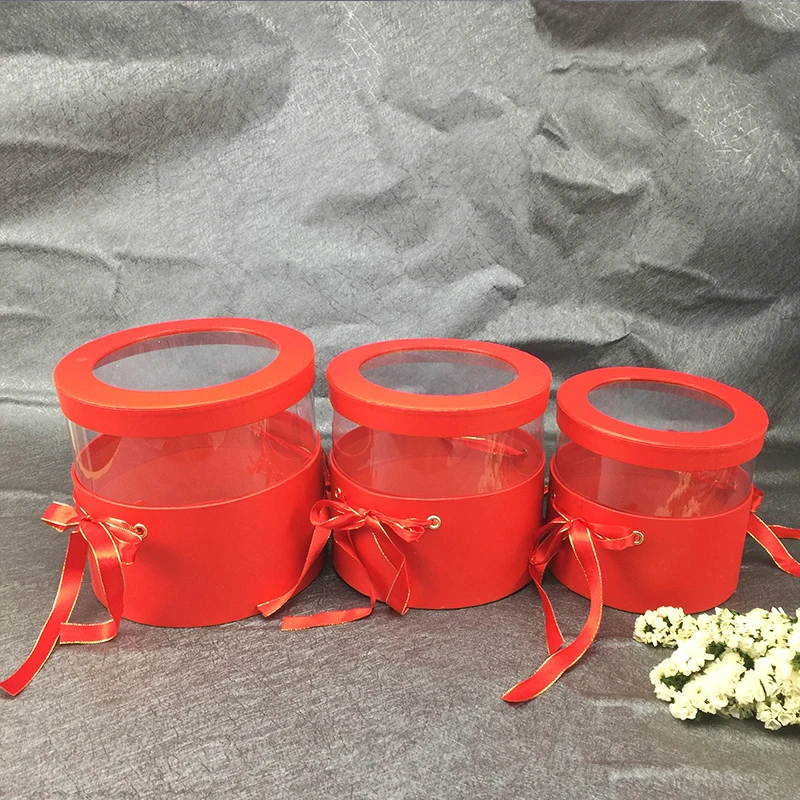 red round Креативная круглая квадратная полупрозрачная ПВХ Цветочная коробка, подарок на день рождения, украшение дома, упаковка, букет цветов, коробки - Цвет: red round