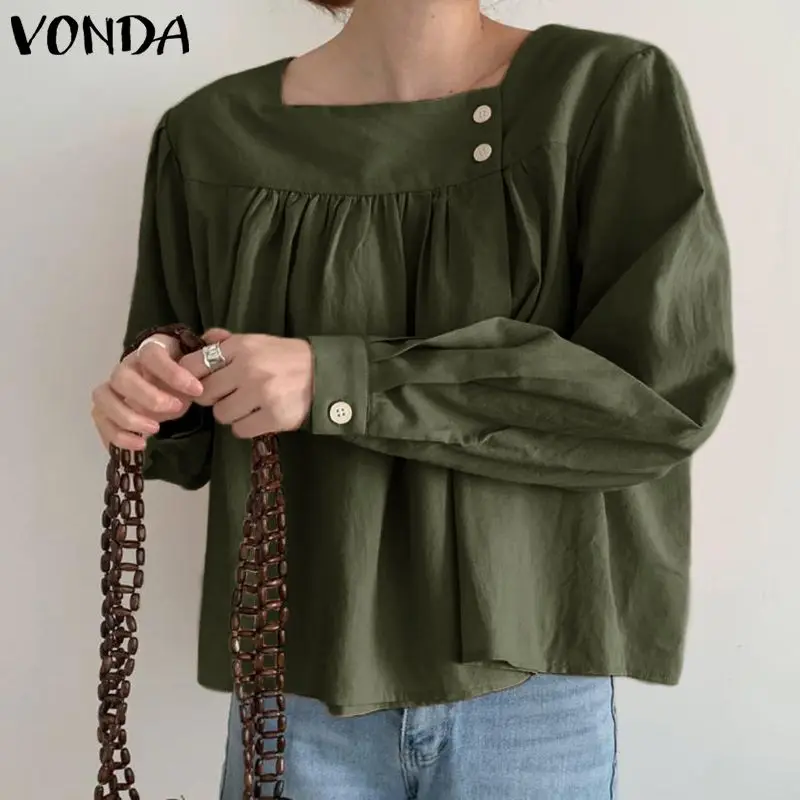 

VONDA Autumn Women Long Lantern Sleeve Tops Party Chemise Baggy Blouse Femme Clothing Stylish Solid Casual Short Blusa Oversized
