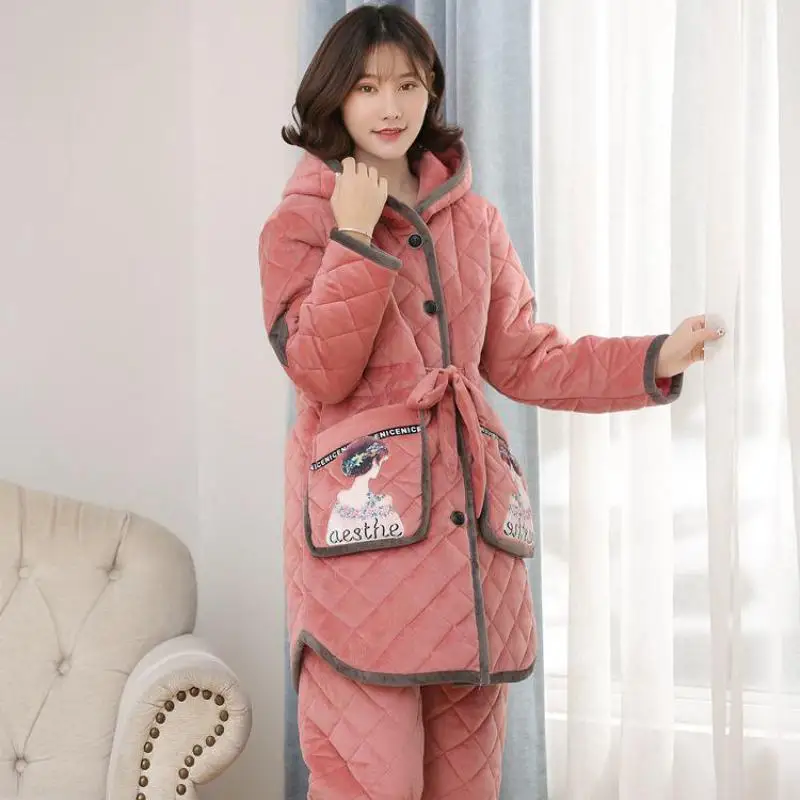 Women Autumn Winter New Thick Flannel Pajamas Set Coral Velvet Three Layers Cotton Warm Hooded Home Clothes Loose Casual Suit