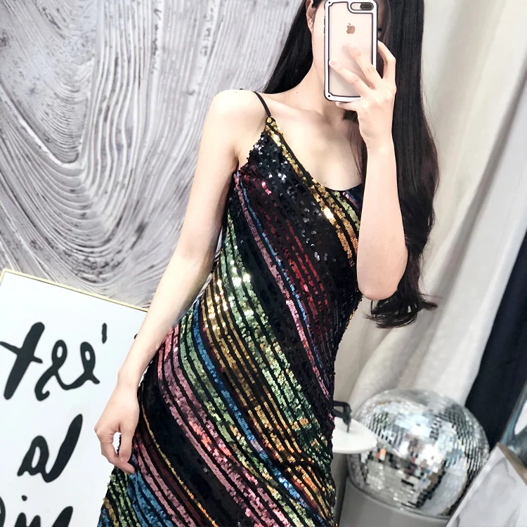 

Women's Long Sequined Bling Bling Dress Rainbow Glitter Longer Party Dress Elegant Rainbow Dresses Empire Waist Camin Dresses