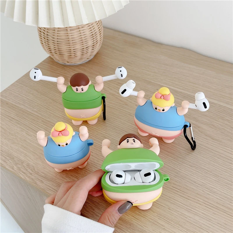 

3D Cute Little fat man lifting weights Soft Silicon Case For AirPods Pro Earphone Cases Wireless Charging Cover for AirPod 1 2