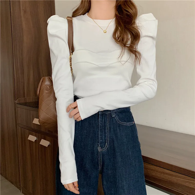 

WW0719 White puff sleeve short t-shirt women French long-sleeved tops Slim bottoming shirt T-shirt
