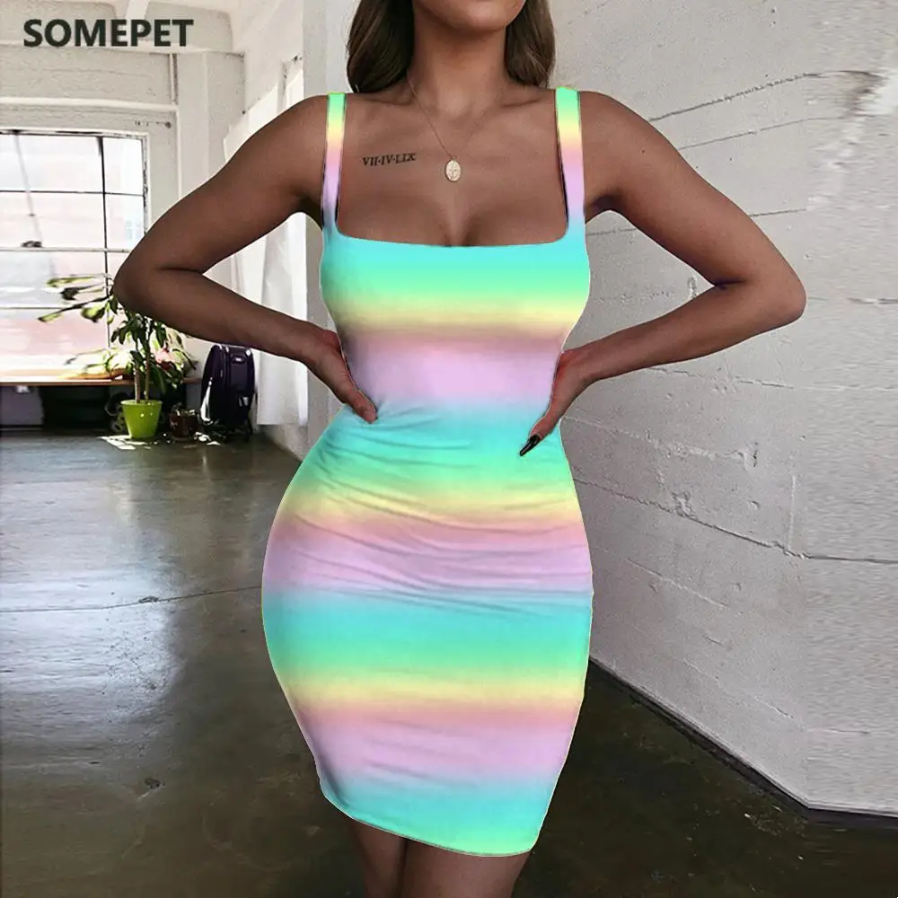 

SOMEPET Psychedelic Dress Women Colorful Vestido Sexy Painting Bodycon Dress Harajuku Halter Sleeveless Womens Clothing Summer