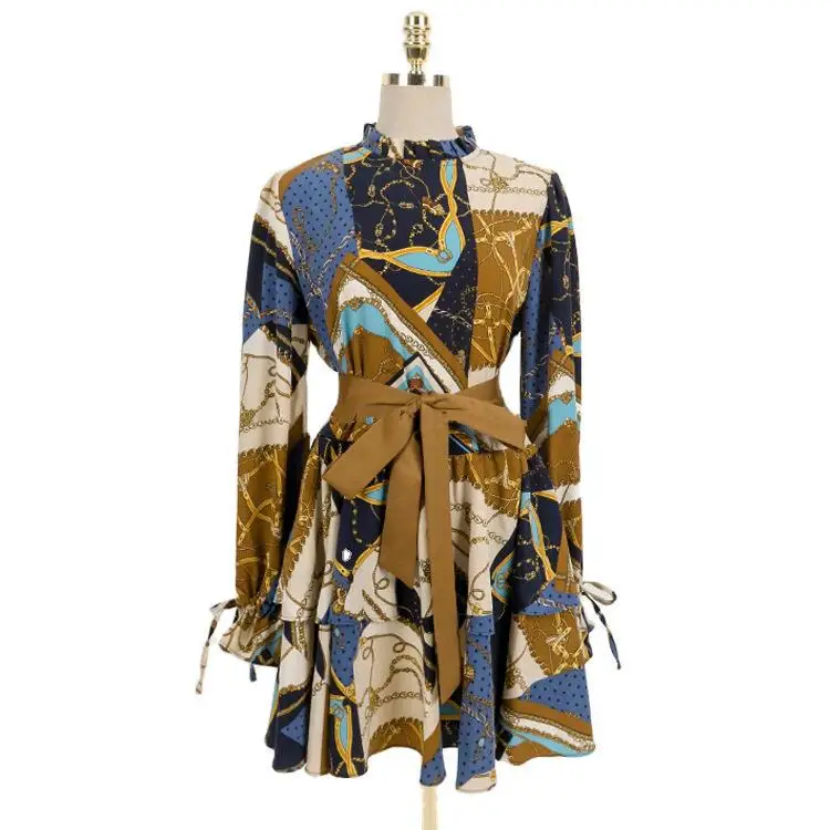 

Korean Style Early Autumn New Printed Stand Collar Fashion Ol Waist Slimming Mid-Length Lace-up Dress