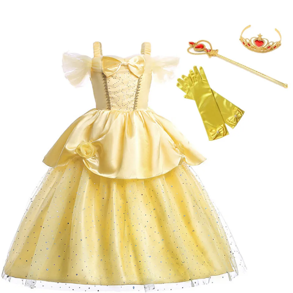 dress and Acc Коллекция года, платье Белль для девочек, фантазийное желтое платье феи с открытыми плечами, нарядное карнавальное платье для девочек, Красавица и чудовище, одежда принцессы - Цвет: dress and Acc