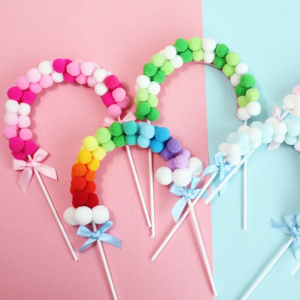 Радужный Розовый Синий помпон облако торт Топпер для вечеринки на день рождения