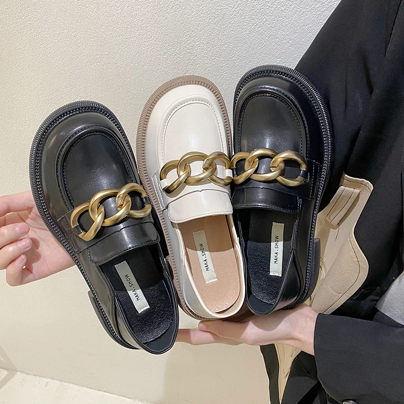 

Shoes Women's Sneakers Summer 2022 New Slip-on Casual PU Spring Loafers Lace-Up Round Toe Retro Rubber Basic Metal Decoration Sl