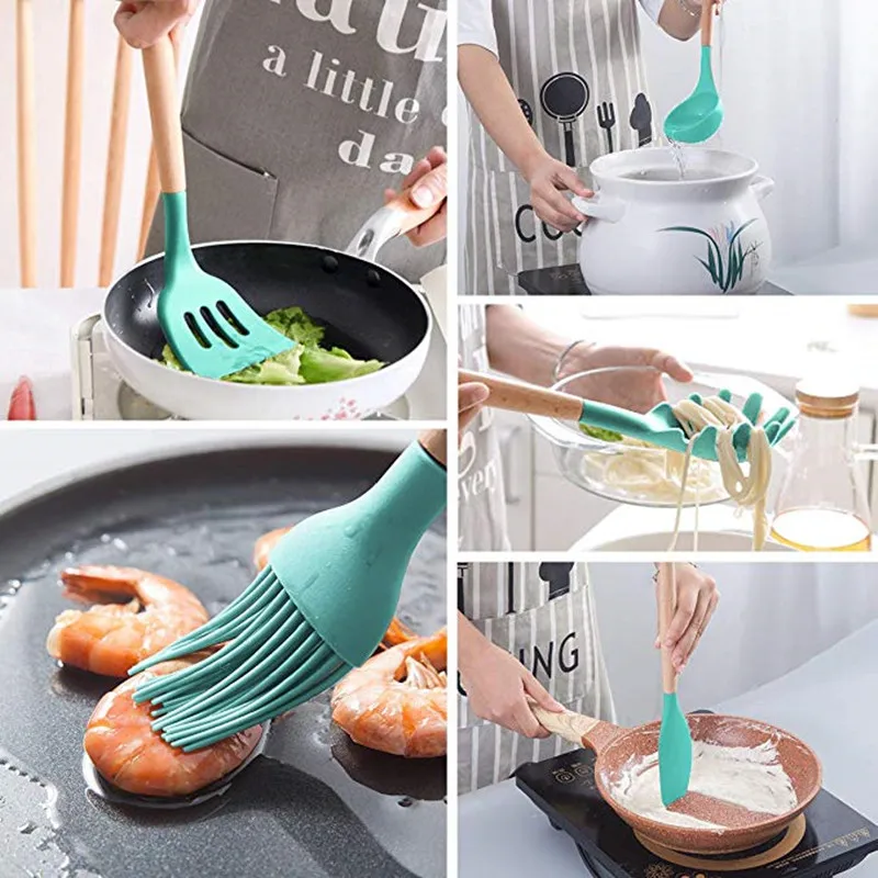 12PCS Silicone Cooking Tools Kitchen Utensils Set With Storage Box Turner Tongs Spatula with Wood Handle Nonstick Cookware | Дом и сад