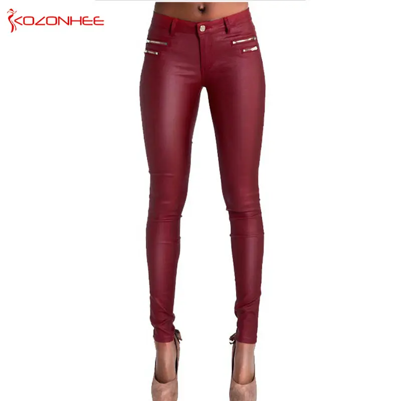 Low Waist Women PU Leather Pants Stretch Red Wine Skinny Pants Female Elasticity Women's Tights Pencil Pants Plus Size