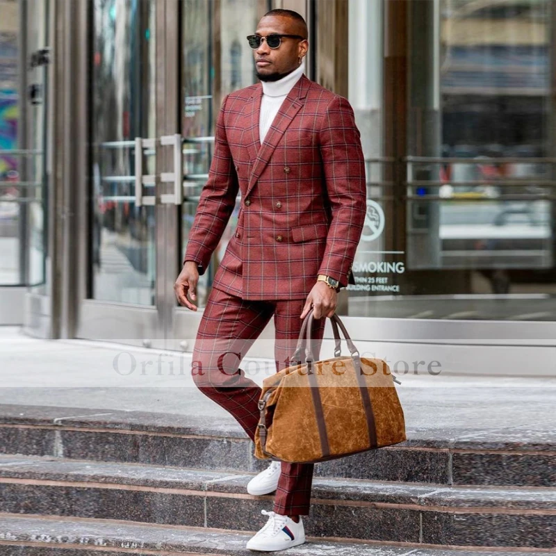 

Костюм клетчатый мужской бордовый, свадебные деловые костюмы, блейзер с двумя пуговицами, пиджак, брюки, костюм жениха