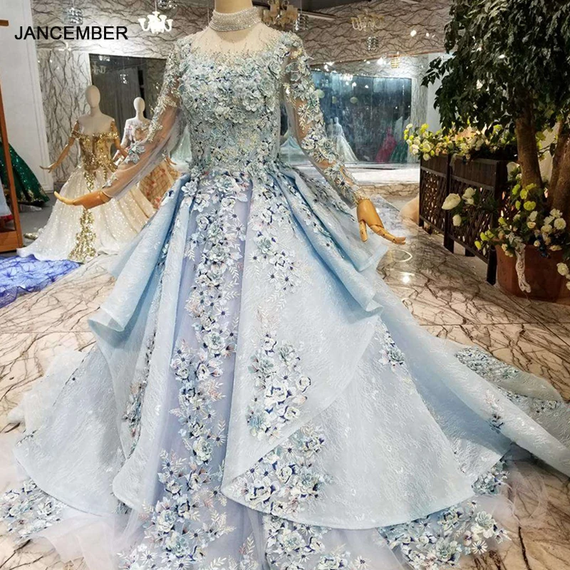 LS320400G синее специальное дубайское Пышное вечернее платье с высоким воротом и