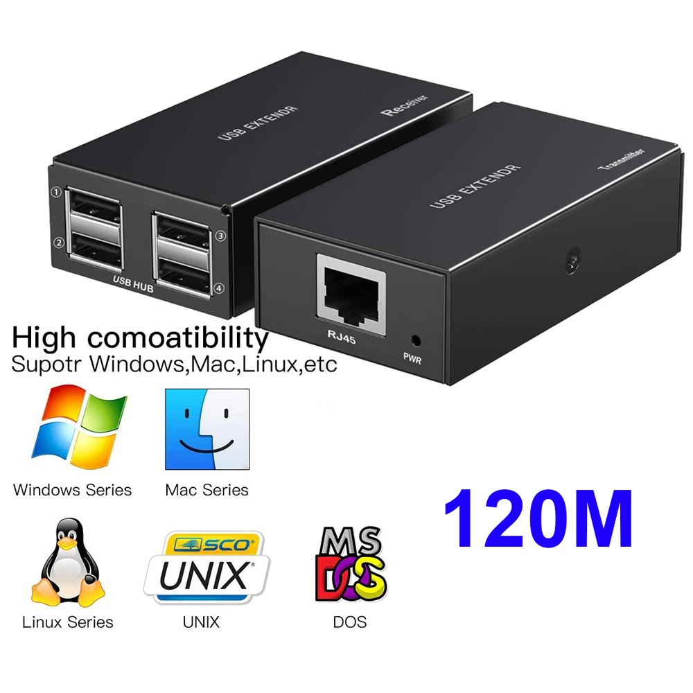 

Удлинитель кабеля 120 м, 4 USB-порта, по Ethernet, USB, UTP, Cat5e/6, 5 В, POC, RJ45