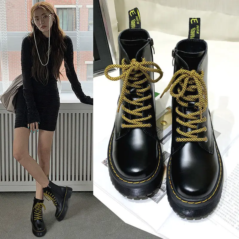 

Natascha Black Leather Ankle Boots Women Autumn Winter Round Toe Lace Up Shoes Woman Fashion Motorcycle Platform Botas