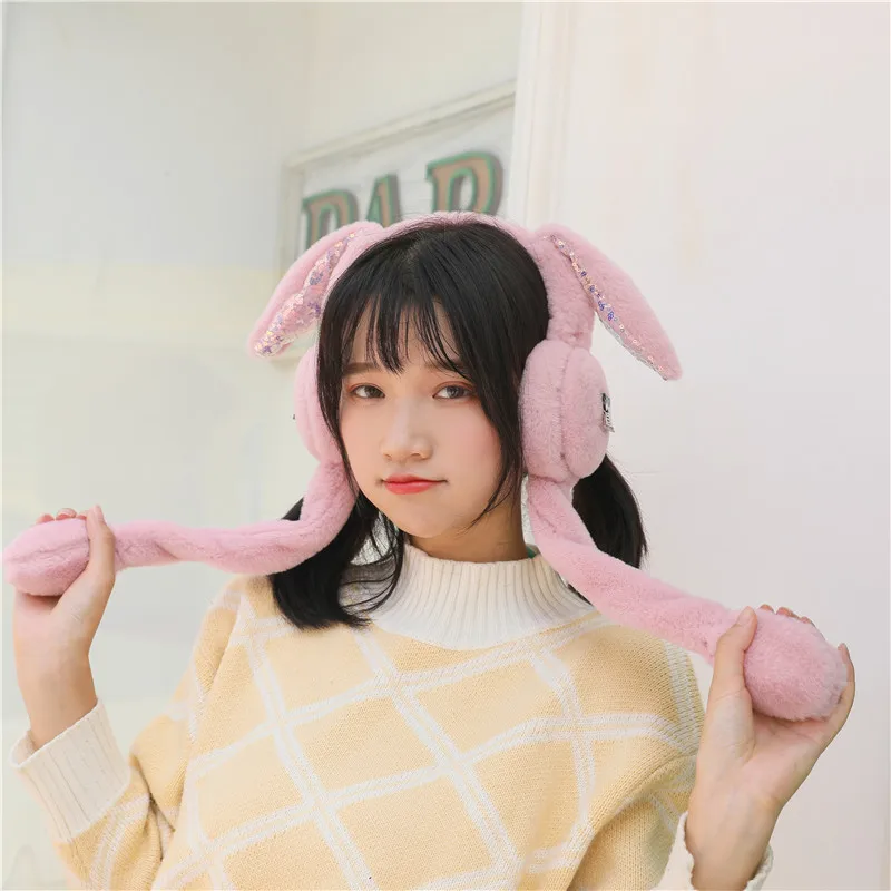 skin pink Qearlstar милые теплые наушники для девочек, женские детские наушники с искусственным кроличьим мехом, украшенные пайетками, дизайн с кроличьими ушками, Ушная крышка DW40 - Цвет: skin pink
