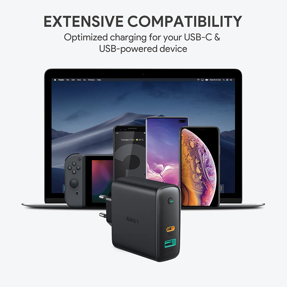AUKEY PA-D3 Быстрая зарядка 60 Вт USB-C PD быстрая настенная с европейской вилкой зарядная