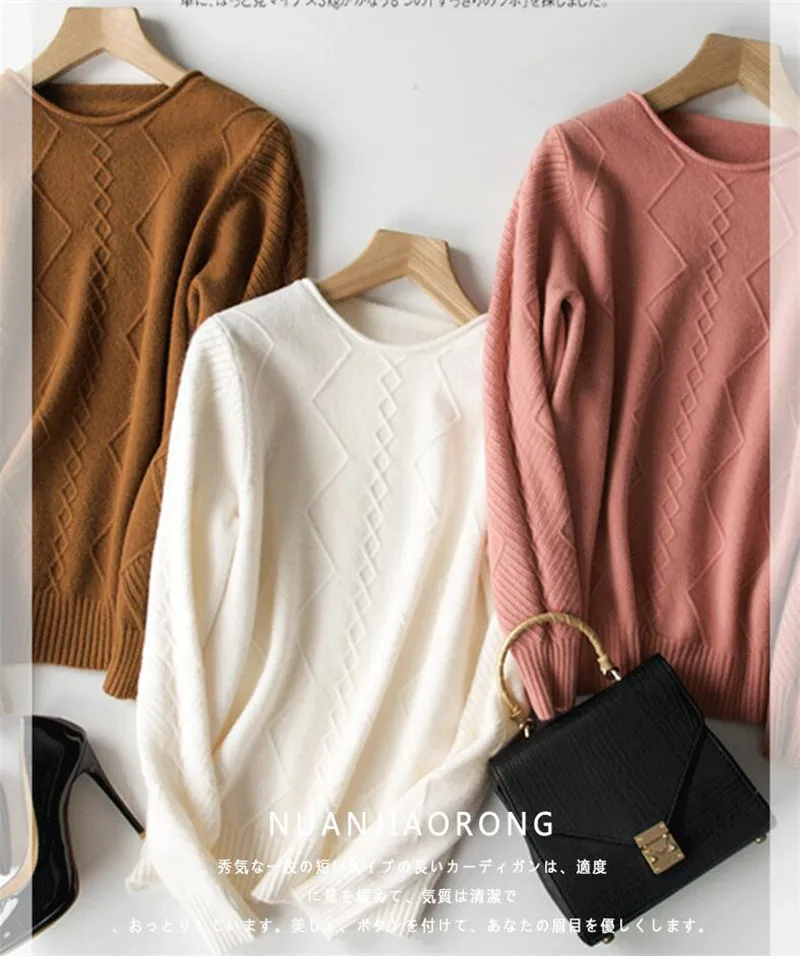 GCAROL New Women O Neck Curled Rhombic Sweater Fall Winter 30% Wool Cashmere Thick Jumper Stretch Warm OL Knitted Pullover S-3XL