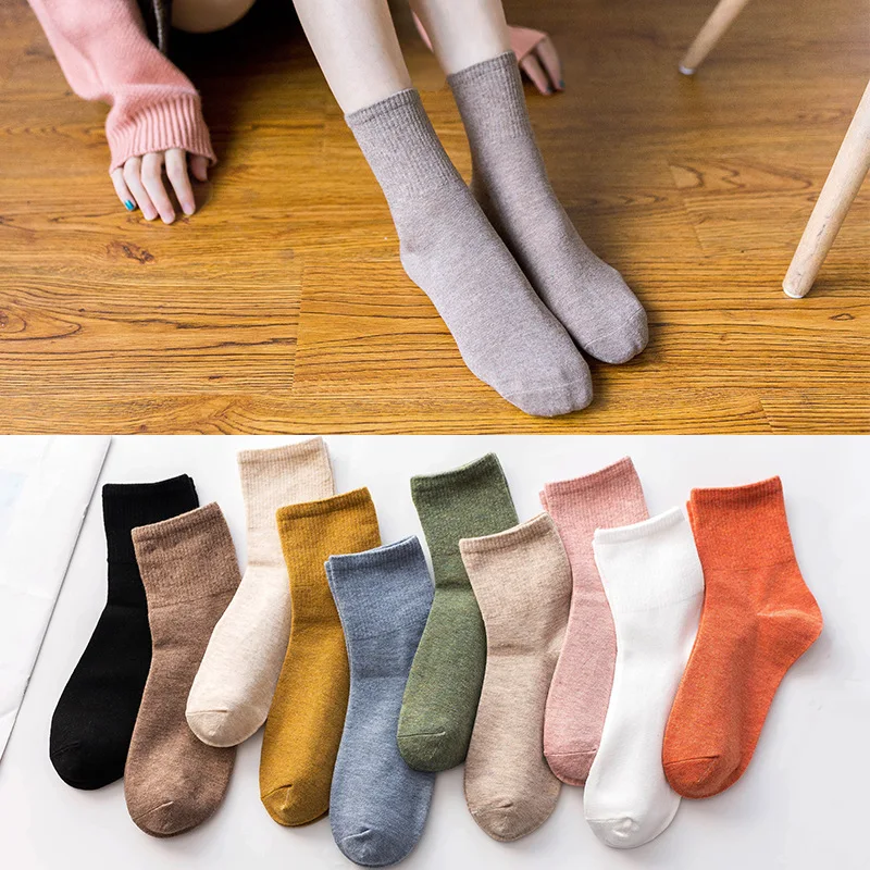 

10 pairs Cotton Socks Plain Pure Solid Color Autumn Winter Mid Soft Piles Socks Edge Curl Stocks For Women Girls 20 pieces