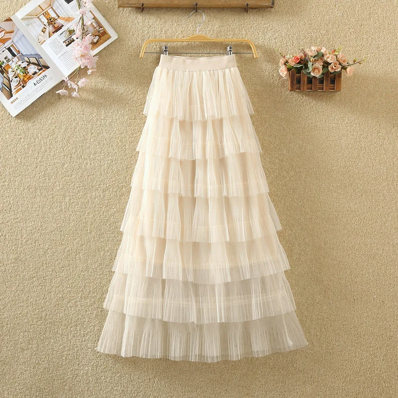 winter new high waist A-line pleated cake skirt yarn all kinds of mesh medium length long woman | Женская одежда
