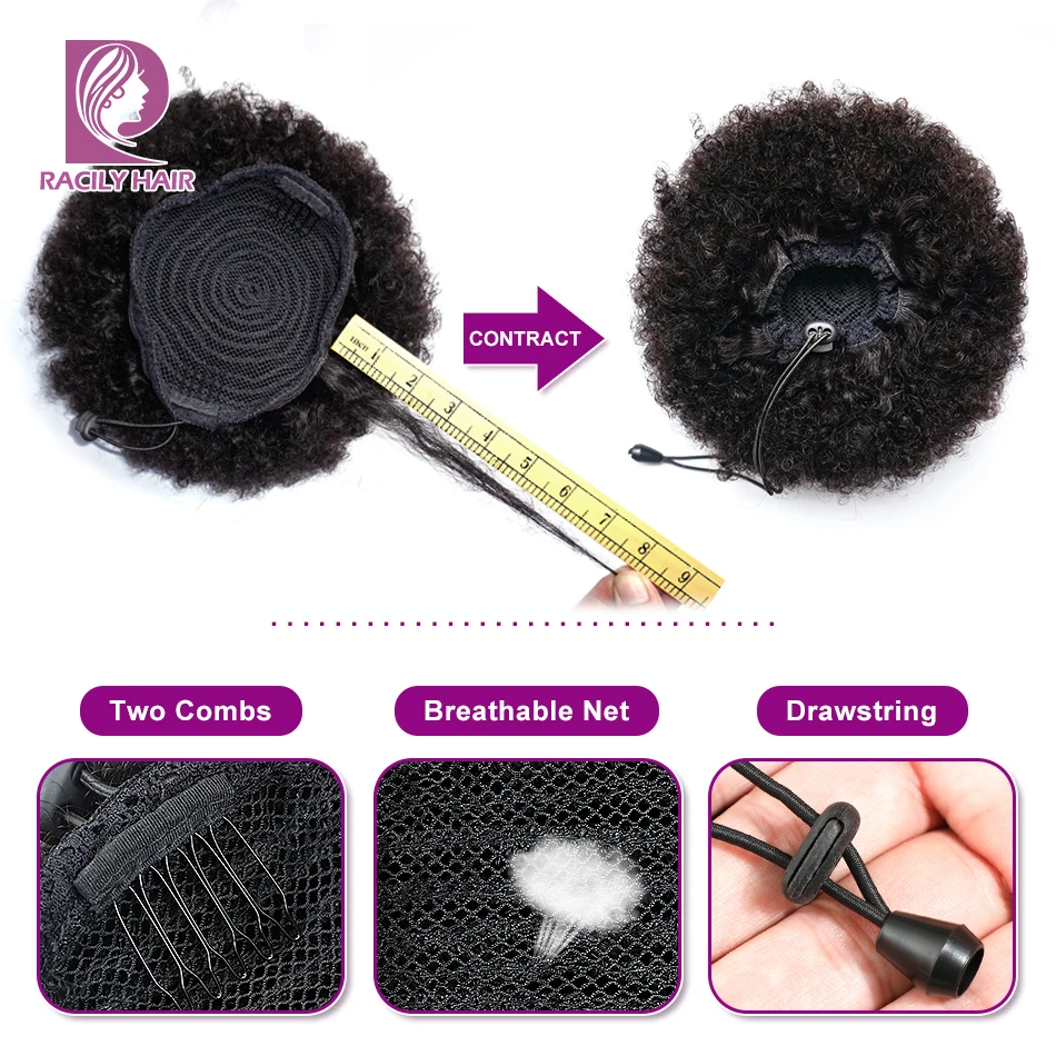 Racily Hair Afro Puff Drawstring Ponytail Human Hair Ombre Kinky Curly Ponytail Clip Ins Brazilian Hair Chignon High Puff Bun
