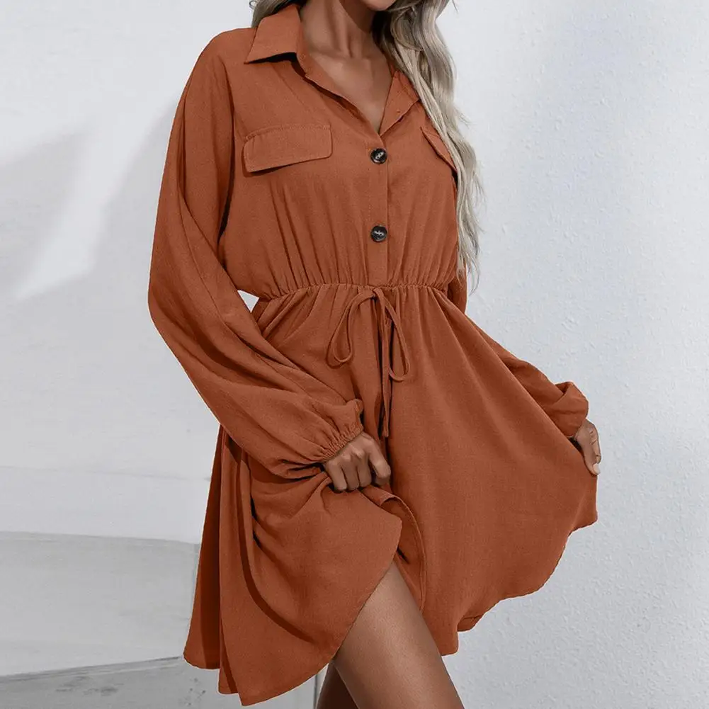 

Autumn Trendy A-Line Women Mini Dress Waist Tight Shirt Dress Turn-Down Collar for Daily Wear