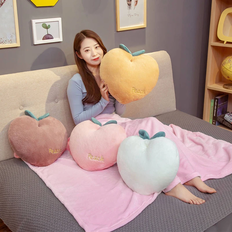 

4 colors Simulation Fruit Pilow With Blanket Stuffed Peach Cushion Soft Kawaii Peaches Sofa Pillow Lovely Girls Birthday Gift