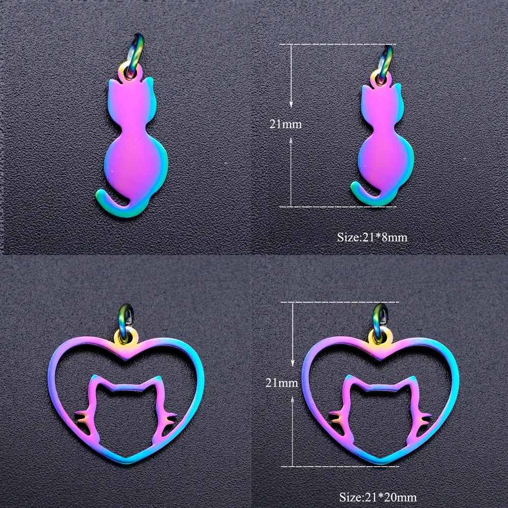 

30pcs/lot 100% Stainless Steel Rainbow Color Cute Cat Animal DIY Charms Pendants for Jewelry Making Fast Shipping