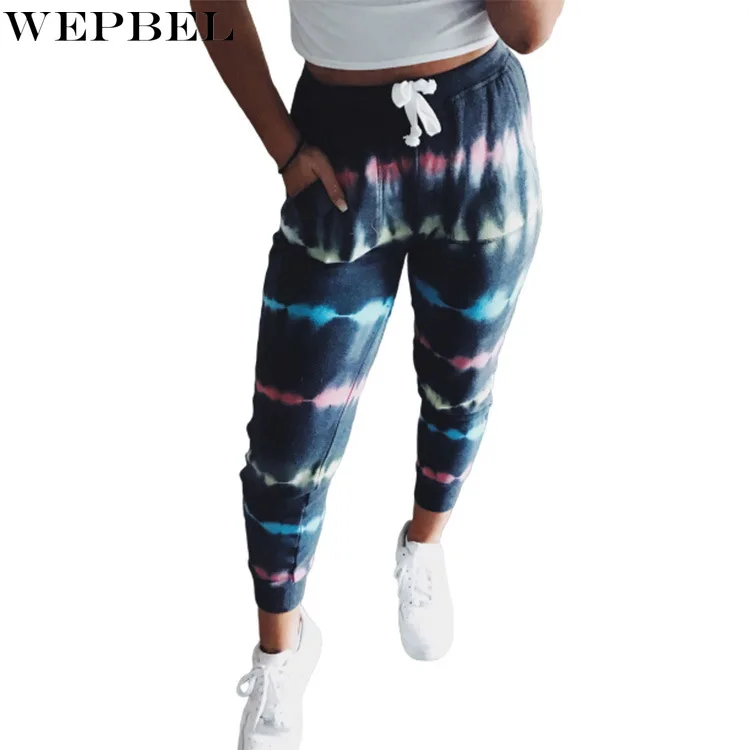 

WEPBEL Mid Waist Trousers Summer Lace-up Loose Pocket Trousers Women's Casual Tie-Dyed Printed Striped Sports Pencil Pants