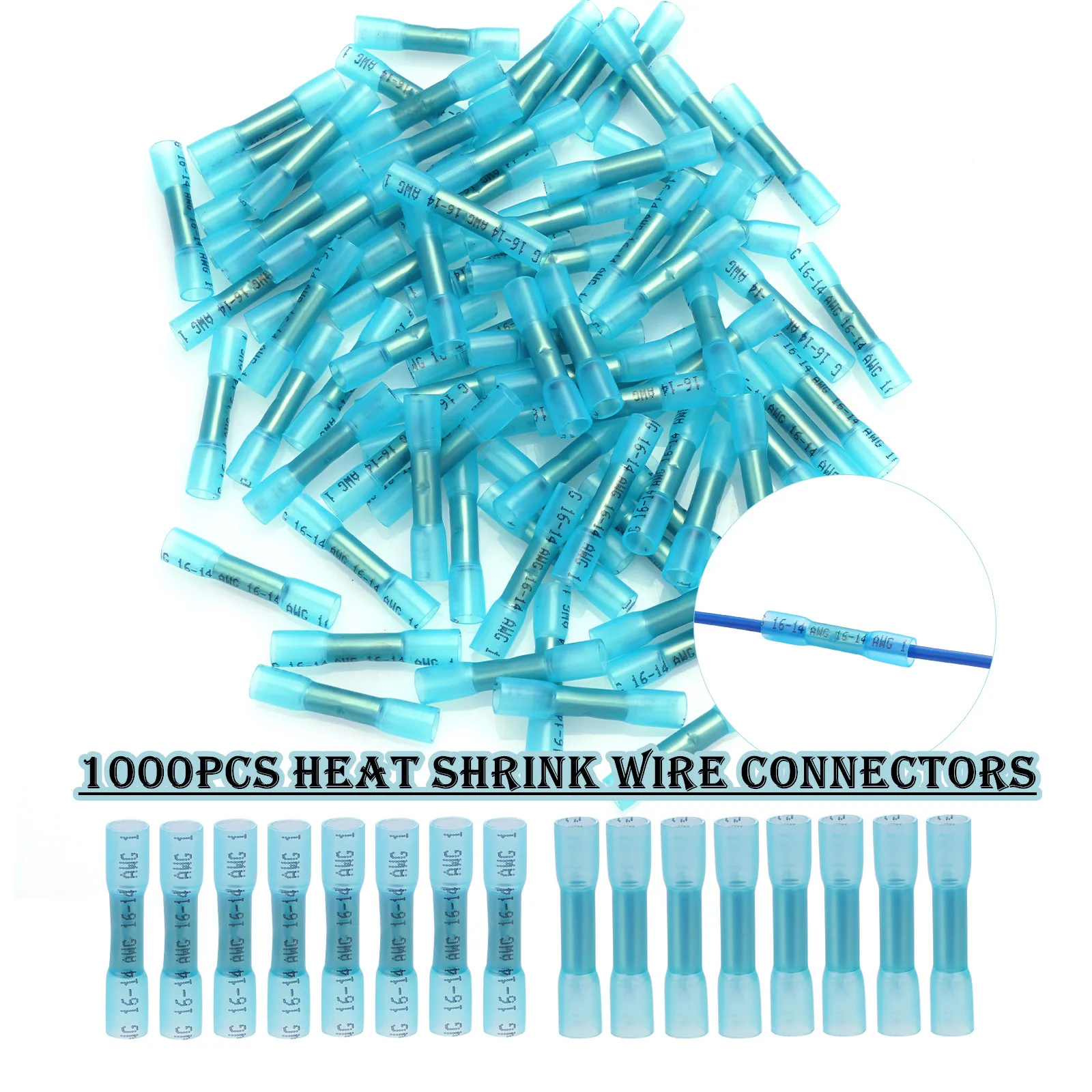 

1000PCs Blue Heat Shrink Butt Connectors Insulated Waterproof Heat Shrinking Terminals Electrical Crimp Terminals 16-14 AWG