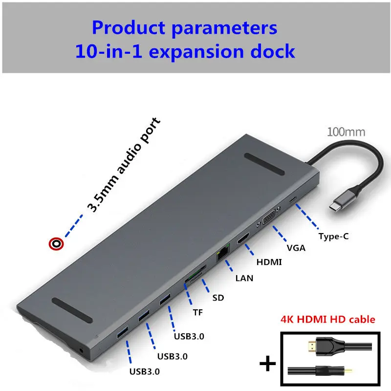 Концентратор-C USB3.0 концентратор Ethernet соединение тип-c PD для смартфона huawei Xiaomi MacBook Расширение Док-станция 4 к HDMI SD TF LAN - Цвет: Grey 4Kline