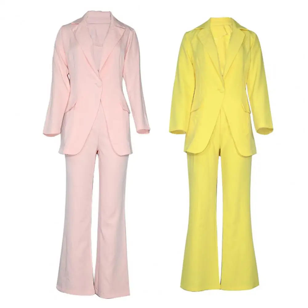 

1 Set Women Suit Set Solid Color Skin-friendly Long Sleeve Two-piece Lapel Buttons Office Lady Blazer Pants for Wedding