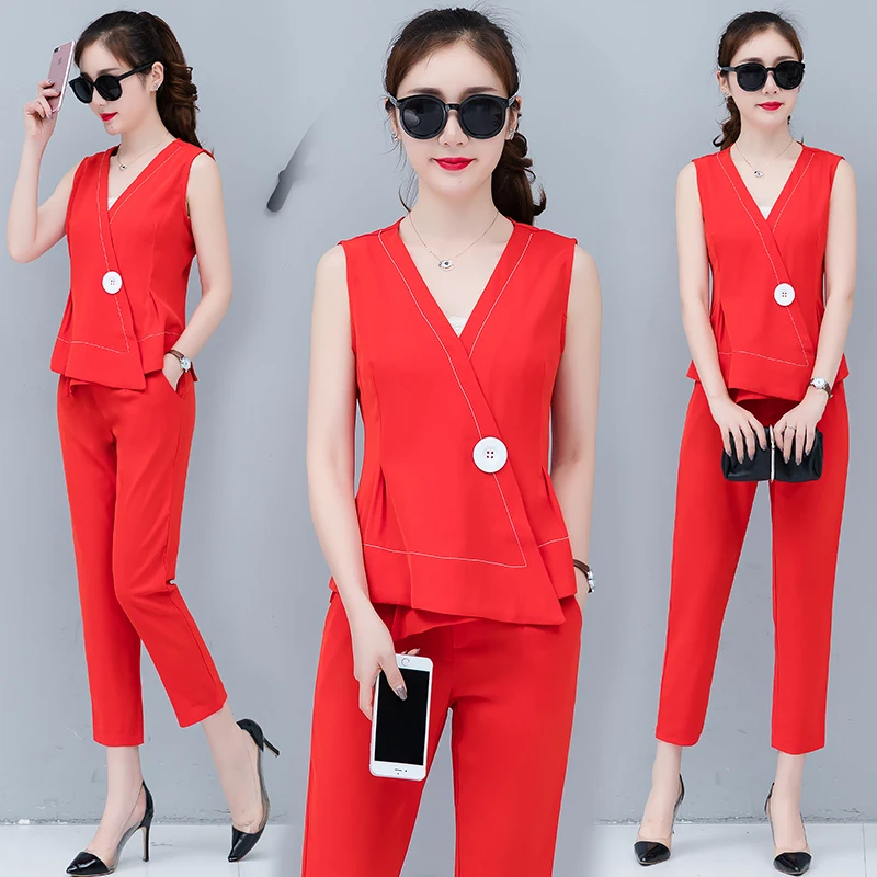 

2020 Summer wear new suit summer fashion sleeveless van twinset V neck top blouse slim pants business outfit 2 pcs clothing set