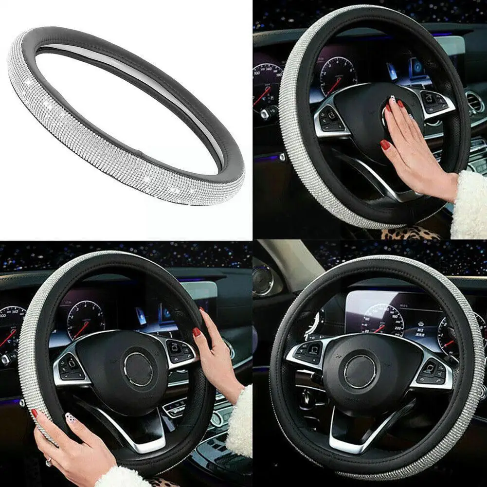 

38cm Car Steering Wheel Cover Crystal Sparkled Diamond Cover Pu Leather Skidproof Steering Wheel Covers Protectors For Wome Q1g9